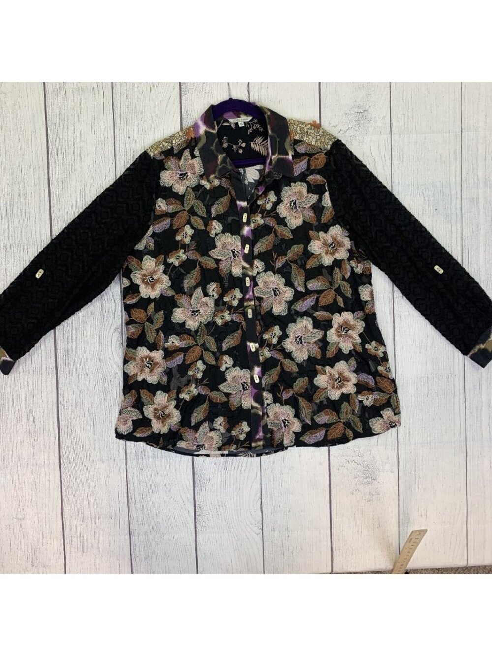 John Mark Shirt Womens XL Black Embroidered Floral Button Up Long Sl Boho